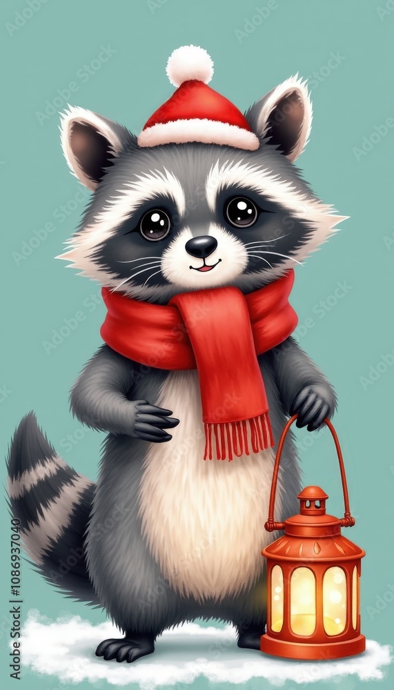 A friendly raccoon in a Christmas scarf holding a festive lantern isolated on a solid teal background with holiday cheer. A friendly raccoon in a Christmas scarf holding a festive lantern isolated on a solid teal background with holiday cheer.