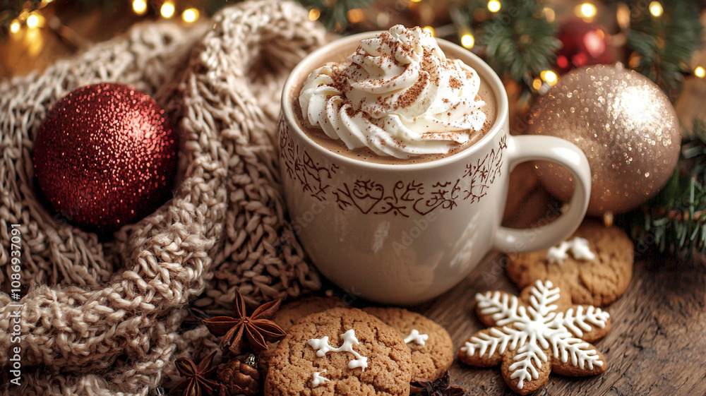 Christmas hot chocolate with whipped cream in a cozy holiday atmosphere. Christmas hot chocolate with whipped cream in a cozy holiday atmosphere.