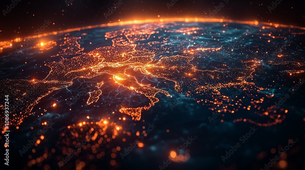 Stunning Aerial View of Illuminated Cities Across Europe at Night with Twinkling Lights and Glowing Network Connections Stunning Aerial View of Illuminated Cities Across Europe at Night with Twinkling Lights and Glowing Network Connections