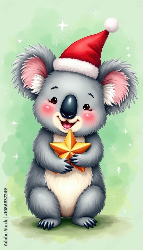 A cheerful koala holding a tiny Christmas star while wearing Santa hat isolated on a bright pale green background full of joy. A cheerful koala holding a tiny Christmas star while wearing Santa hat isolated on a bright pale green background full of joy.