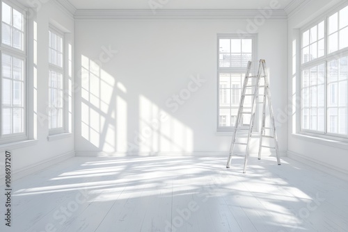 Stylish white empty room with a ladder and painting tools on the floor, white walls, windows with sunrays shining.