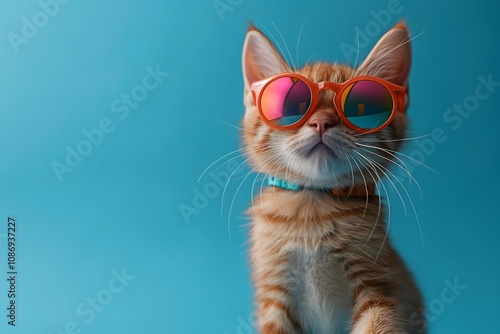 A cute ginger kitten models trendy orange sunglasses against a vibrant blue backdrop. The playful image exudes a fun, summery vibe.