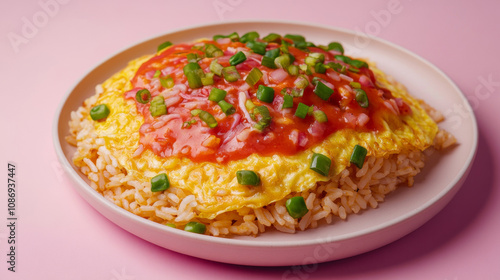 Delicious omelet rice with tomato sauce parsley topping yummy fresh butter milk pink background. food photography advertising fashion restaurant cuisine gourmet wallpaper