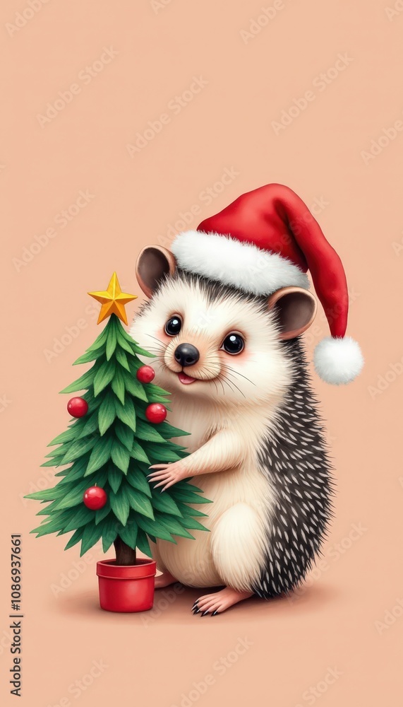 A tiny hedgehog holding a Christmas tree wearing Santa hat isolated on a solid peach backdrop with festive holiday spirit. A tiny hedgehog holding a Christmas tree wearing Santa hat isolated on a solid peach backdrop with festive holiday spirit.