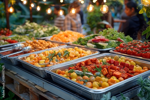 A vibrant buffet table showcases an array of colorful dishes, featuring roasted vegetables, salads, and other delicious treats. The warm lighting and outdoor setting create a welcoming atmosphere.