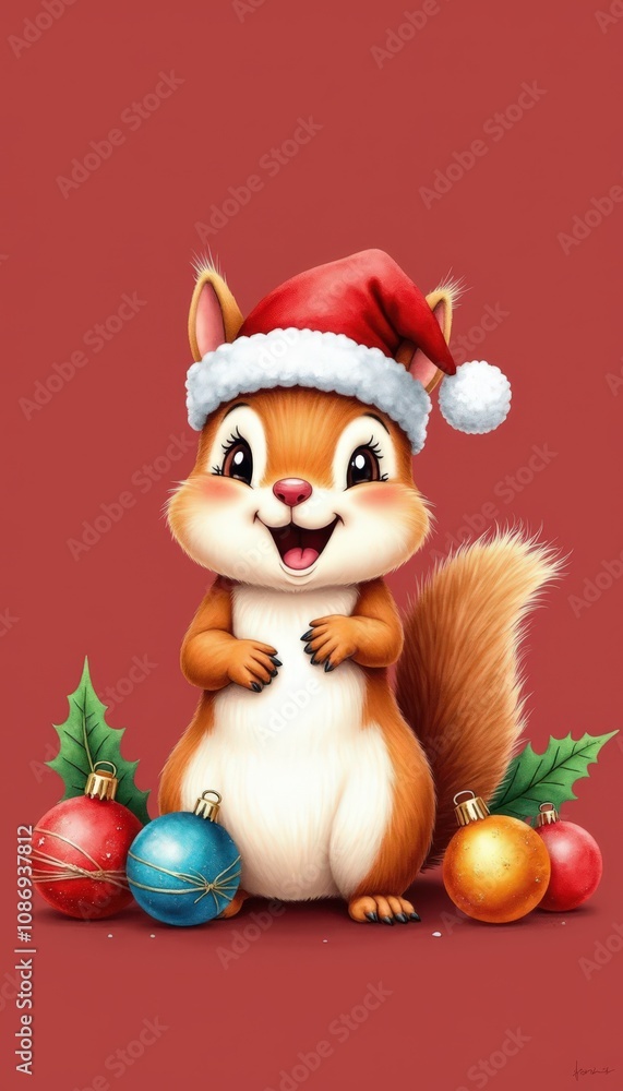 A joyful squirrel dressed in Santa hat surrounded by Christmas ornaments isolated on a solid red background creating cheer. A joyful squirrel dressed in Santa hat surrounded by Christmas ornaments isolated on a solid red background creating cheer.