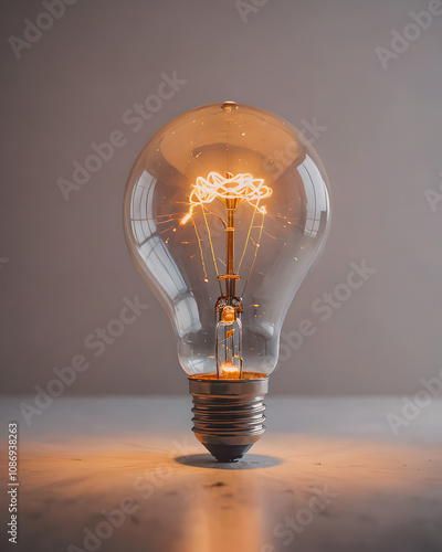 A glowing light bulb standing alone, isolated on a surface.