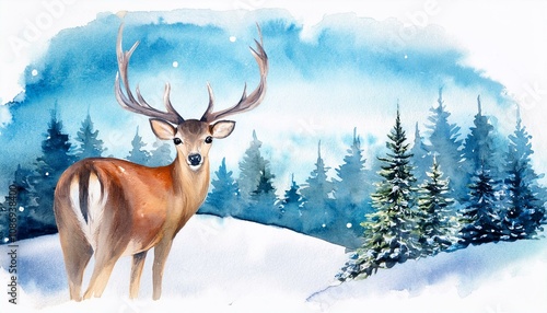 banner of watercolour illustration of deer on the christmas background photo