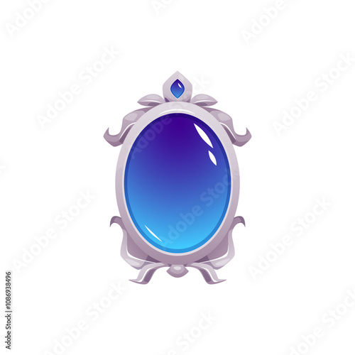 Mirror with floral silver ornate frame with gem, vector antique fortunetelling magic blue glass, fairytale game props