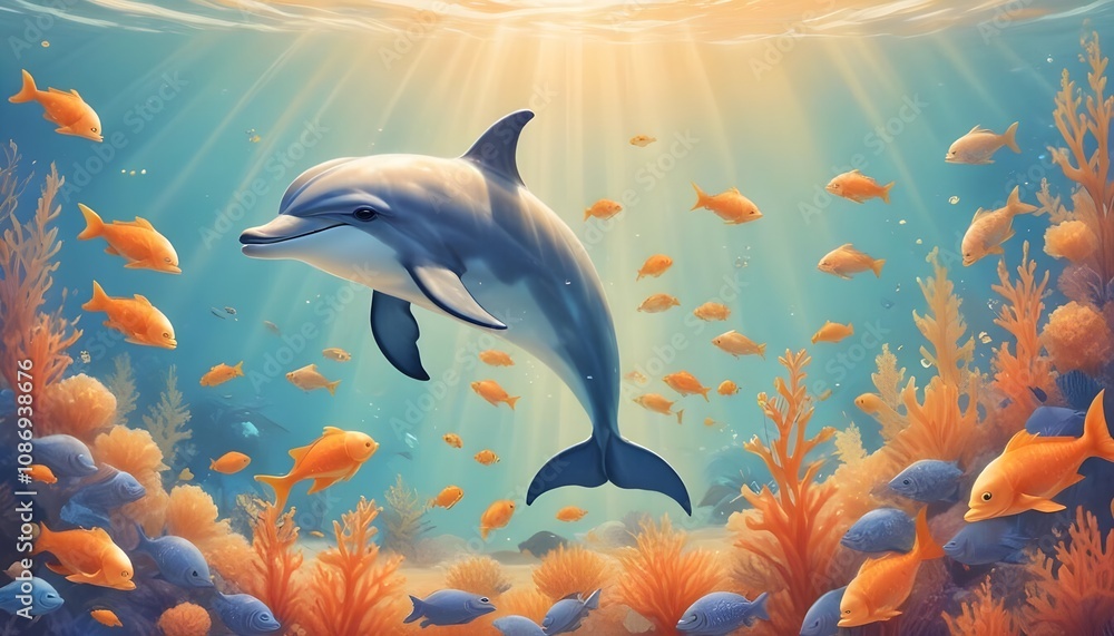 Photo a cartoon scene of a tropical sea with a dolphin,Shark and fish Photo a cartoon scene of a tropical sea with a dolphin,Shark and fish