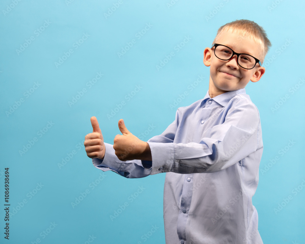 Child 8-9 years old on a blue background. Portrait of a boy with different facial expressions. Child 8-9 years old on a blue background. Portrait of a boy with different facial expressions.