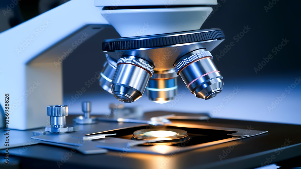 Close up of a microscope with bright light shining through the lens. The microscope focus knobs and a glass slide in place in laboratory