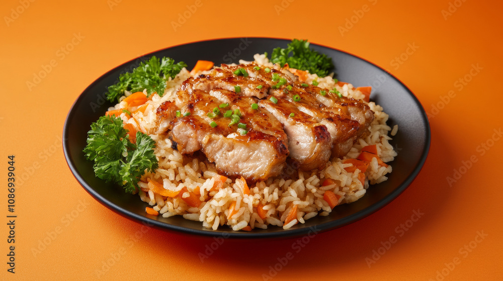 Delicious Pork Chop Rice yummy carbohydrate BBQ soy sauce meat veggies fresh orange background. food photography advertising fashion restaurant cuisine gourmet wallpaper Delicious Pork Chop Rice yummy carbohydrate BBQ soy sauce meat veggies fresh orange background. food photography advertising fashion restaurant cuisine gourmet wallpaper