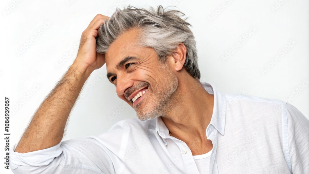 Handsome middle aged man isolated on white studio background. Happy 45 years old male model, confident mature gray-haired guy wearing t-shirt looking at camera touching beard. Barbershop services ads. Handsome middle aged man isolated on white studio background. Happy 45 years old male model, confident mature gray-haired guy wearing t-shirt looking at camera touching beard. Barbershop services ads.