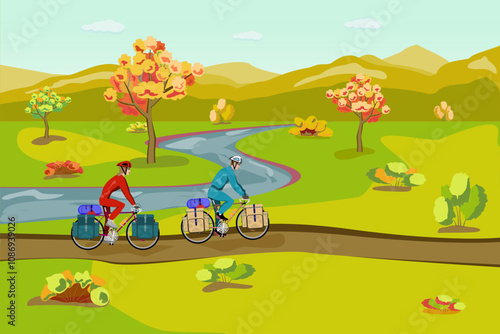 a couple rides bicycles along an autumn dirt road in a river valley, among trees and bushes, against the backdrop of mountains and a clear sky