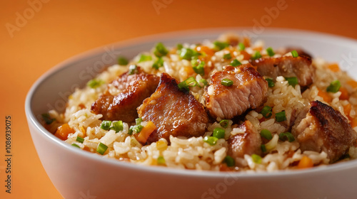 Delicious Pork Chop Rice yummy carbohydrate BBQ soy sauce meat veggies fresh orange background. food photography advertising fashion restaurant cuisine gourmet wallpaper