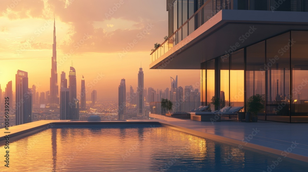 Fototapeta premium Rooftop Infinity Pool Overlooking Dubai Skyline at Sunset