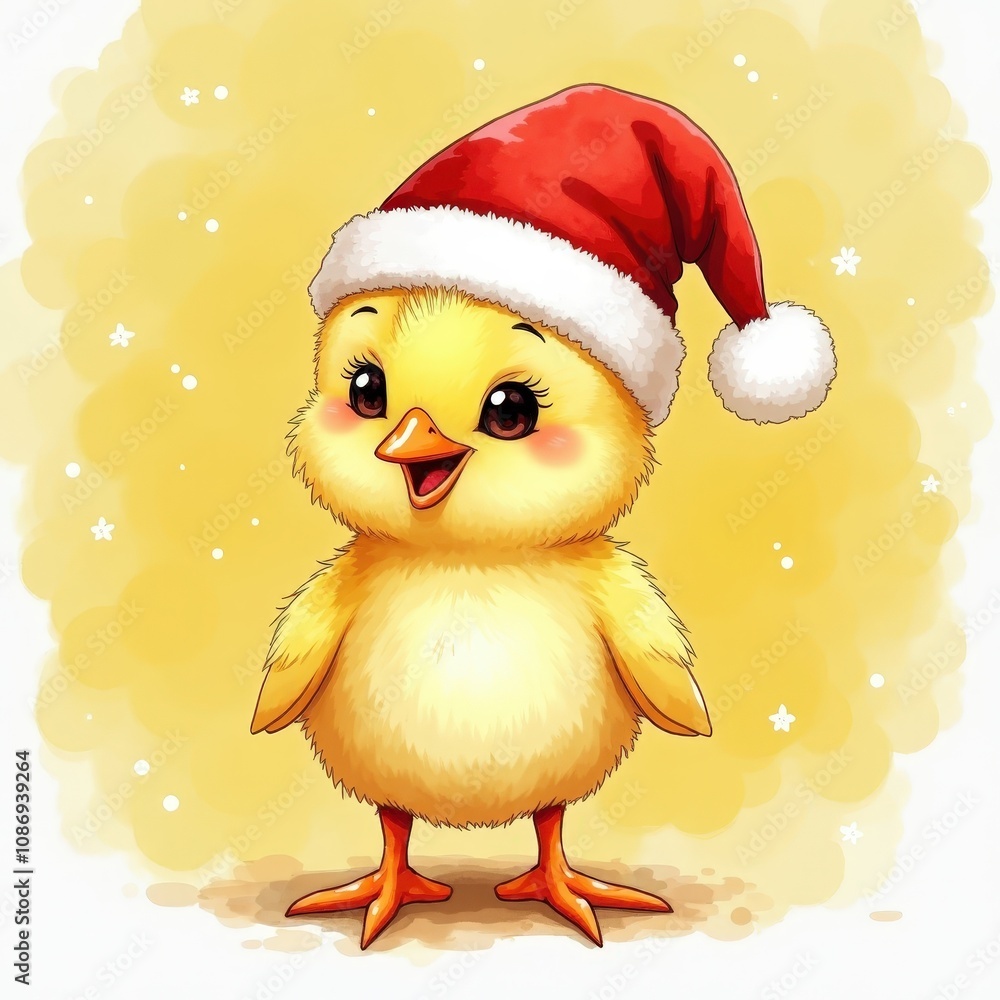 A sweet little chick dressed in Santa hat standing cheerfully on a solid yellow backdrop filled with Christmas joy. A sweet little chick dressed in Santa hat standing cheerfully on a solid yellow backdrop filled with Christmas joy.