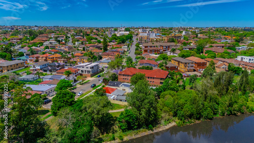 Panoramic aerial drone view of western Sydney Suburbs of Canterbury Burwood Ashfield Marrickville Campsie with Houses roads and parks in Sydney New South Wales NSW Australia