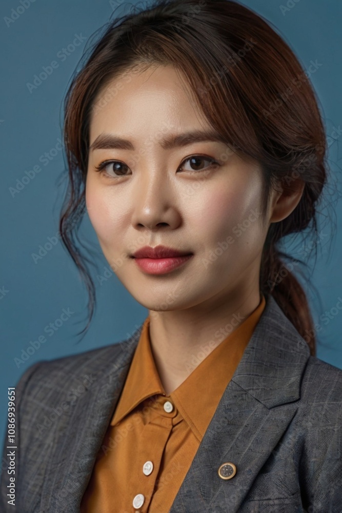 Studio shot of Cheerful portrait close up korean business woman while standing with suits with a blue background. Studio shot of Cheerful portrait close up korean business woman while standing with suits with a blue background.