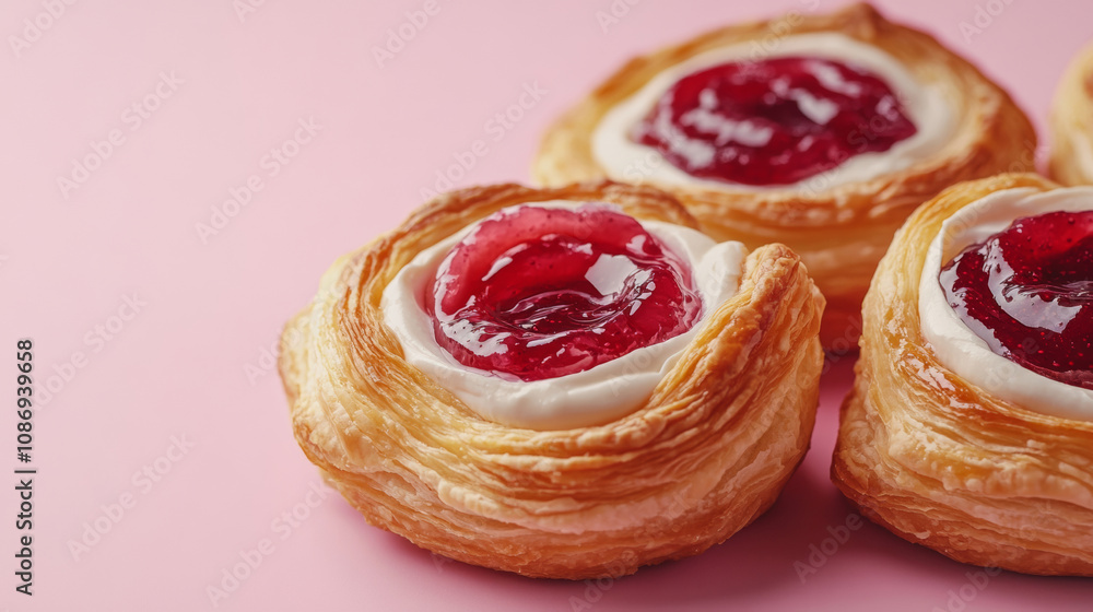 Fototapeta premium Delicious puff pastry with jam and cream cheese frosting cherry berry jam fashion pink background. food photography advertising modern delicious atmosphere cute luxury wallpaper