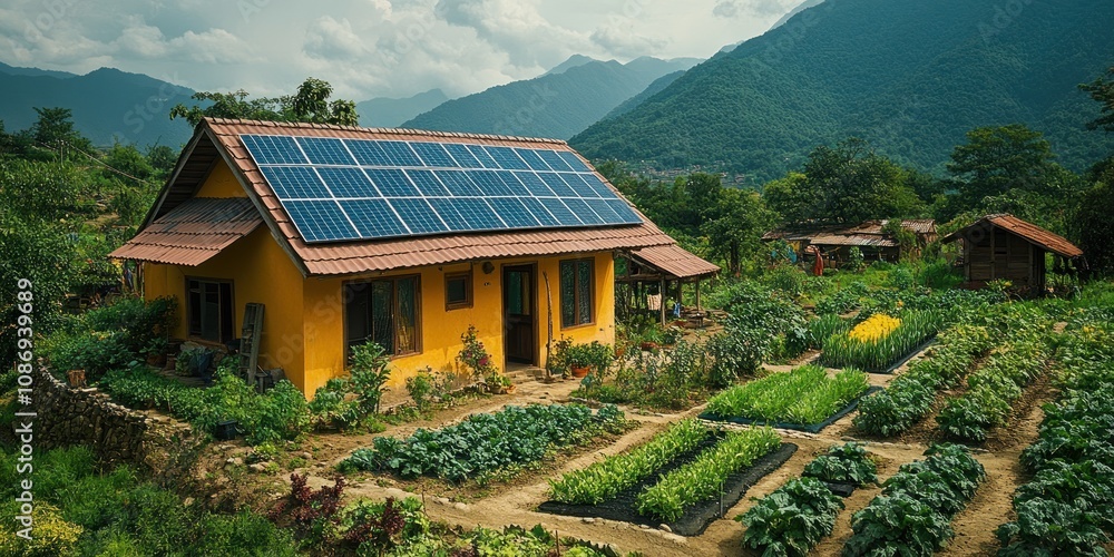Sustainable yellow house with solar panels and a lush garden in a mountainous area. Sustainable yellow house with solar panels and a lush garden in a mountainous area.