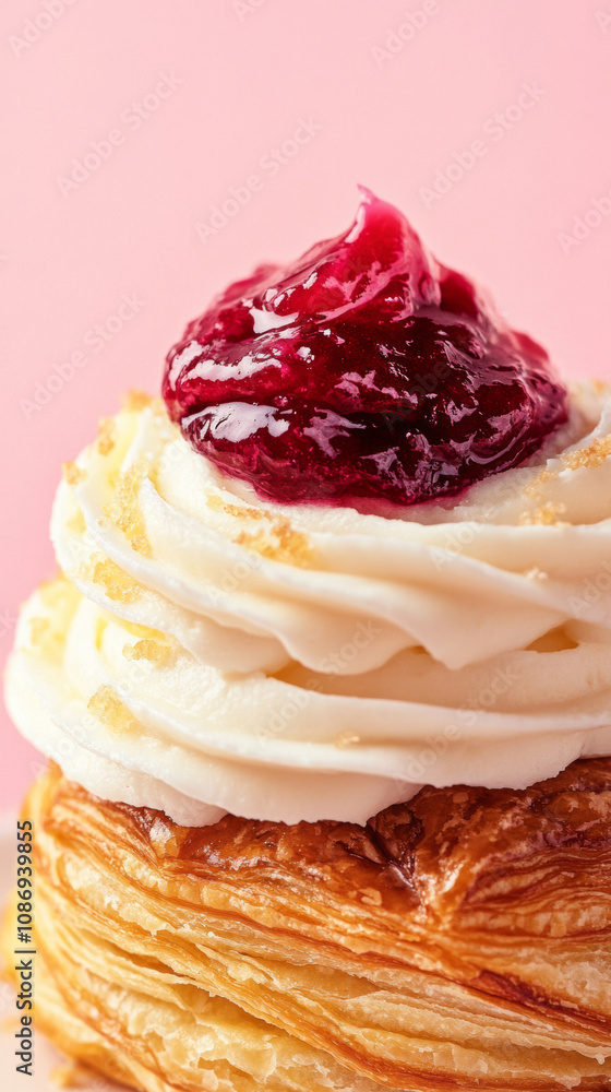 Delicious puff pastry with jam and cream cheese frosting cherry berry jam fashion pink background. food photography advertising modern delicious atmosphere cute luxury wallpaper Delicious puff pastry with jam and cream cheese frosting cherry berry jam fashion pink background. food photography advertising modern delicious atmosphere cute luxury wallpaper