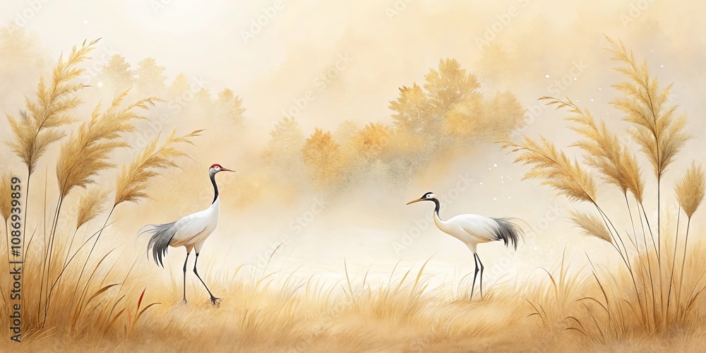 Naklejka premium Serene Cranes in a Misty Autumn Meadow, Elegant Birds Amidst Golden Grass