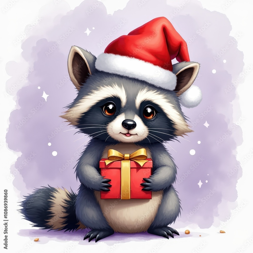 A sweet raccoon wearing Santa hat holding tiny gift box isolated on a light lavender backdrop filled with festive spirit. A sweet raccoon wearing Santa hat holding tiny gift box isolated on a light lavender backdrop filled with festive spirit.