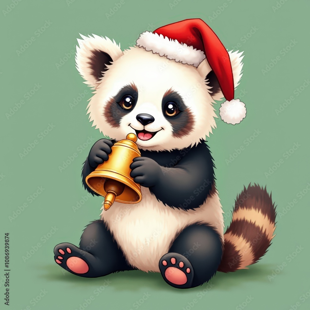 An adorable panda holding a shiny holiday bell isolated on solid green background capturing the essence of Christmas joy. An adorable panda holding a shiny holiday bell isolated on solid green background capturing the essence of Christmas joy.