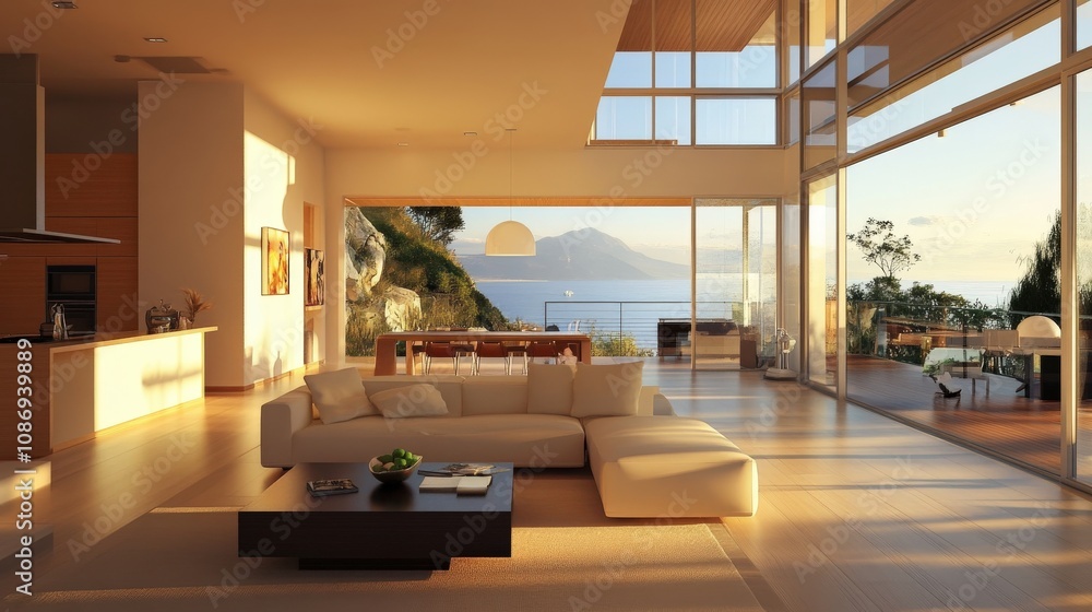 Modern living room with ocean view and large windows Modern living room with ocean view and large windows