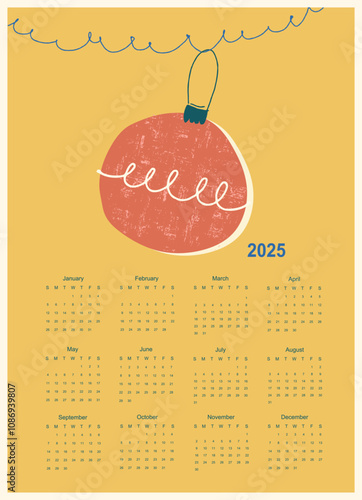 Christmas template for calendar 2025 in retro style. Textured vintage style Christmas ball with hand signed Merry Christmas