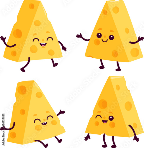 Cute cheese characters sliced in triangle pieces. Set of cartoon dairy products, Edam, parmesan, mozzarella cheese. Vector illustration collection