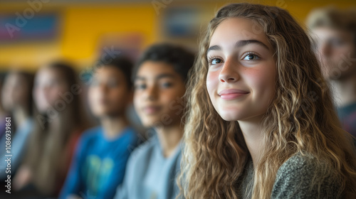 A group of young students attentively listening during a classroom activity in a vibrant school setting in the afternoon. Generative AI