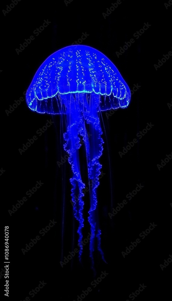 Glowing Blue Jellyfish Isolated Underwater Marine Life Photography on Black Background Glowing Blue Jellyfish Isolated Underwater Marine Life Photography on Black Background