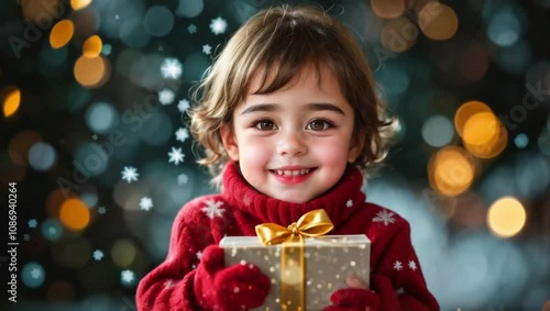 A joyful kid with a Christmas gift in his hands, against the background of falling snow. Motion animation