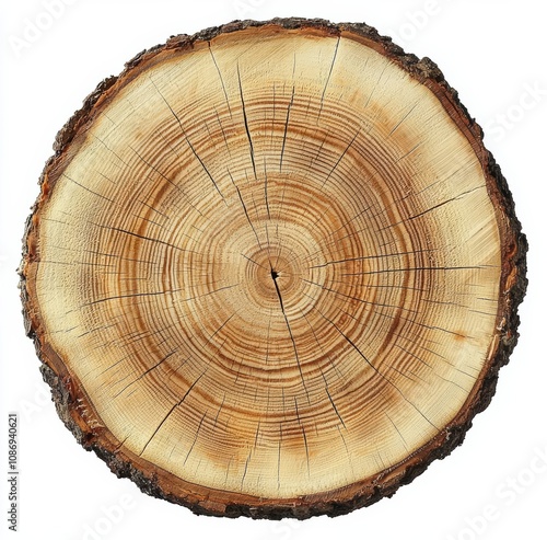 Large circular piece of wood cross section with tree ring texture pattern and cracks. Detailed organic surface from nature. , isolated on white background, , copy space for text,