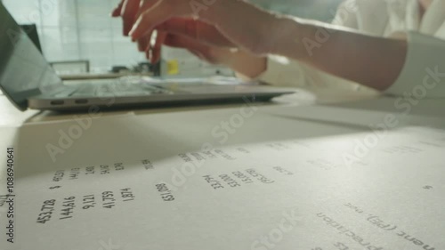 Macro close up of Unrecognizable businesswoman typing on computer keyboard analyzing financial report and data statistics documet in office. Accountant checking company balance sheet statement. photo