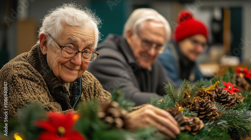 Elderly individuals crafting holiday decorations together in a cozy workshop during the festive season. Generative AI
