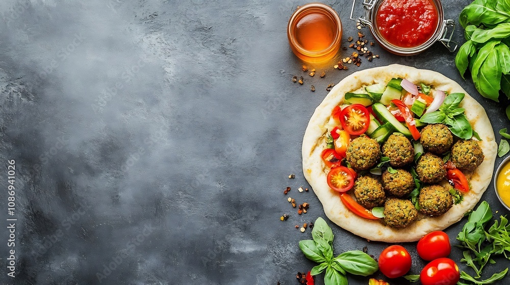 Flavorful Falafel in Pita with Fresh Vegetables on Rustic Background Flavorful Falafel in Pita with Fresh Vegetables on Rustic Background