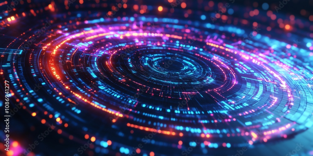 Abstract 3D Target with Fragmented Layers, Depth and Complexity, Surrounded by Glowing Binary Codes in Blue and Purple, High-Resolution Technology-Themed Digital Artwork Abstract 3D Target with Fragmented Layers, Depth and Complexity, Surrounded by Glowing Binary Codes in Blue and Purple, High-Resolution Technology-Themed Digital Artwork