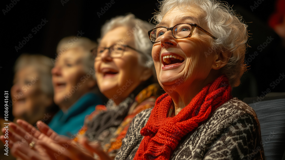 Fototapeta premium Senior women enjoying a live performance while laughing and applauding in a cozy theater setting during an evening event. Generative AI