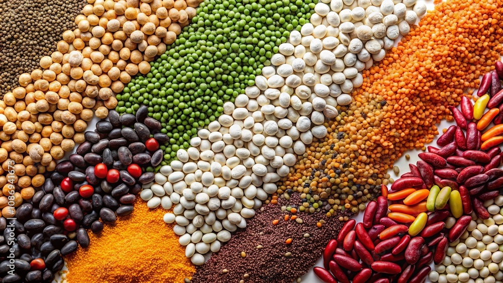 A vibrant collection of legumes and grains arranged in colorful stripes, showcasing the diversity of culinary ingredients. A vibrant collection of legumes and grains arranged in colorful stripes, showcasing the diversity of culinary ingredients.