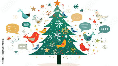 Christmas Tree with Birds and Speech Bubbles Vector Illustration