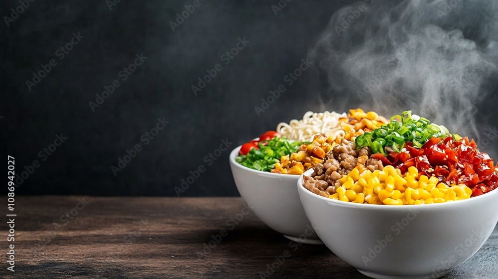 Steaming Hot and Flavorful Homemade Meal in Bowl on Wooden Table Steaming Hot and Flavorful Homemade Meal in Bowl on Wooden Table