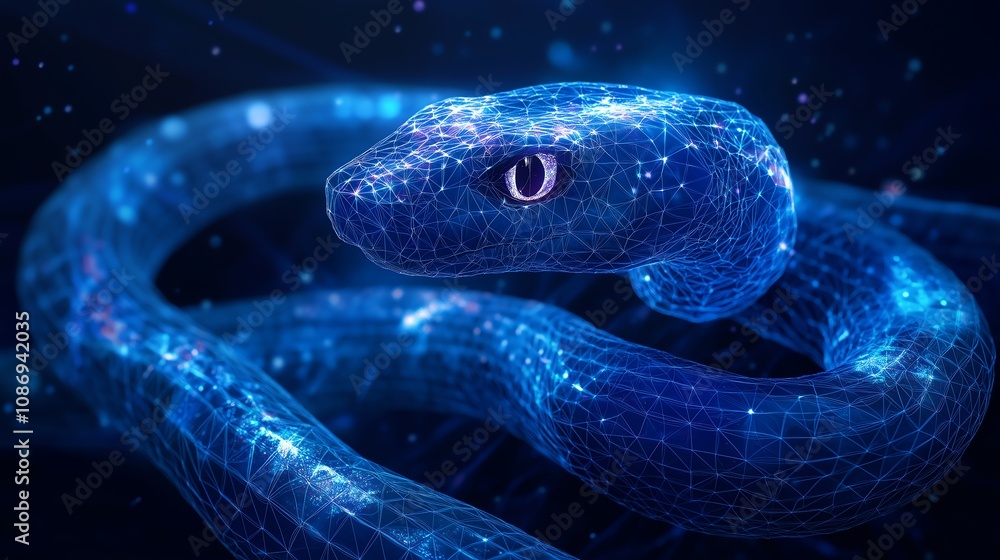 Abstract Blue Sea Snake on Dark Blue Background, Rendered in Low Poly Wireframe with Glowing Particles, Presenting a Modern Interpretation of Marine Wildlife. Abstract Blue Sea Snake on Dark Blue Background, Rendered in Low Poly Wireframe with Glowing Particles, Presenting a Modern Interpretation of Marine Wildlife.