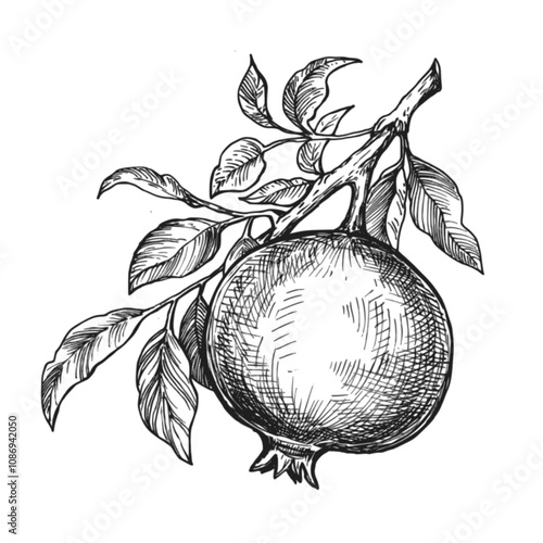Sketch pomegranate on a branch ink graphic illustration, draft silhouette drawing, black on white line art. Botanical vintage etching food design.