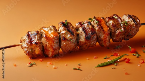 Delicious South African kebab BBQ yummy grilled meat beef barbecue vegetables fruit sauce fresh orange background. food photography advertising fashion restaurant cuisine gourmet wallpaper