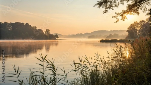 Morning sunlight dances on the surface of a serene lake, soft focus, lake scenery