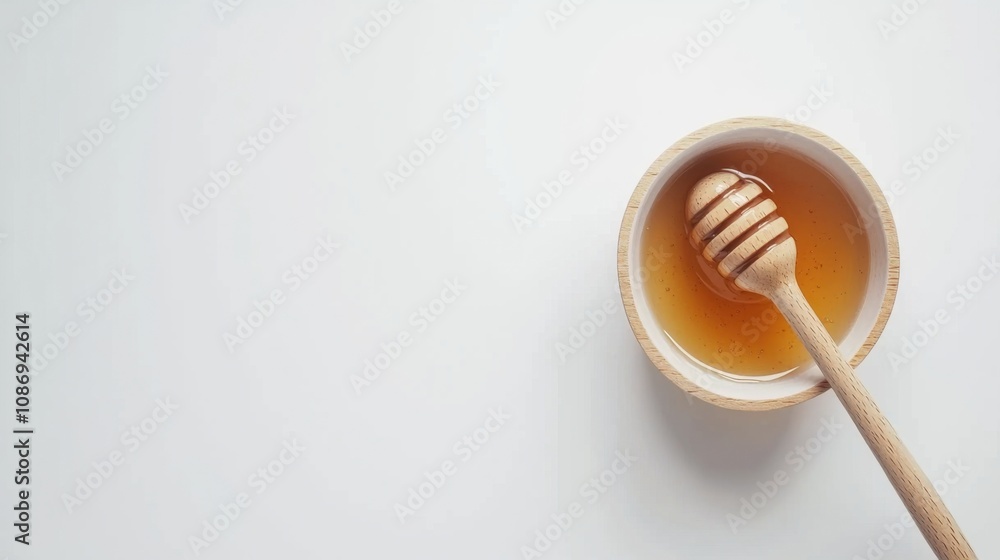 Top view Organic Honey with wooden dipper isolated on white background, healthy food, food blog, minimal background, space for text Top view Organic Honey with wooden dipper isolated on white background, healthy food, food blog, minimal background, space for text